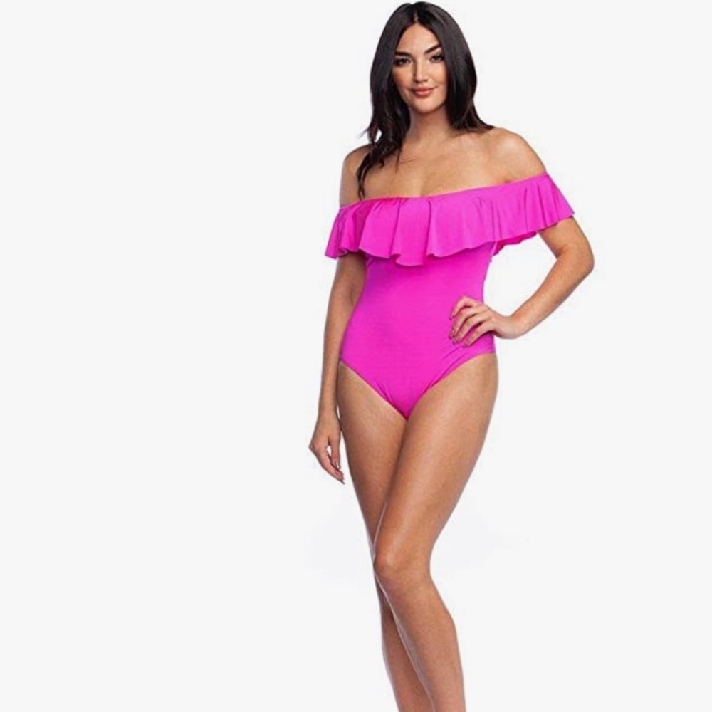 Trina Turk Women's Off Shoulder Ruffle Bandeau One Piece Swimsuit Hot Pink